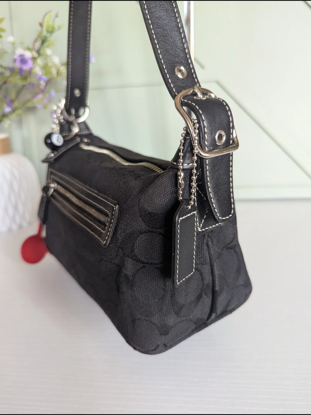 Coach Black Signature Jacquard Shoulder Bag with Charm